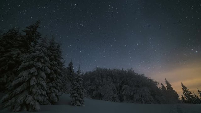 Christmas winter night landscape with stars sky moving over snowy trees. Astronomy time lapse zoom in