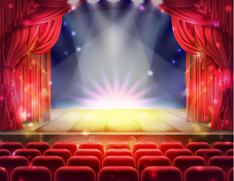 Open red curtain and empty illuminated theatrical stage with falling sparks, confetti realistic vector. Grand opening concept, performance or event premiere poster, announcement banner template