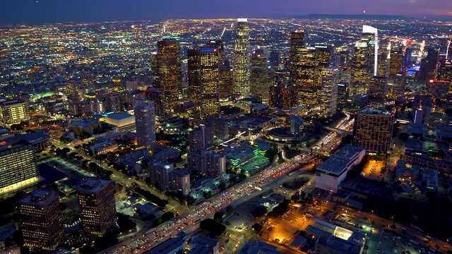Aerial view of a Downtown Los Angeles just after sunset in 4k