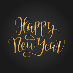 Happy New Year 2018 golden typography on black background. Greeting card design with hand lettering inscription for winter holidays. Vector festive illustration with calligraphy