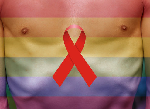 Close up of a abdomen view of a man suffering from anorexy, with a watermark of the colors of gay flag and a red ribbon