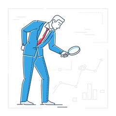 Businessman with a magnifying glass - line design style isolated illustration
