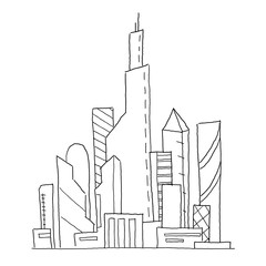 Obraz premium City future. Hand drawn vector sketch illustration. Building skyscraper architecture landscape. Very tall buildings. Business center.