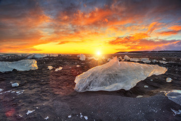 Beautiful sunset over famous Diamond beach, Iceland