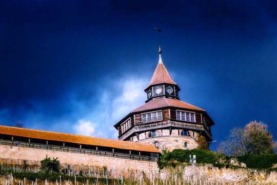 The Thick Tower (Dicker Turm) above the medieval city Esslingen am Neckar in Baden-W&uuml;rttemberg, Germany.