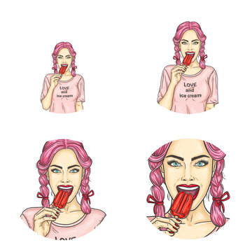 Set of vector pop art round avatar icons for users of social networking, blogs, profile icons. Young pin-up girl, teenager with pink hair holds red popsicle in her hand and is going to bite it