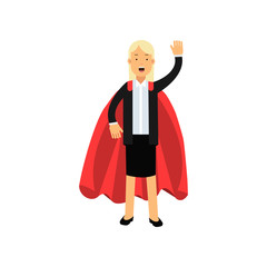 Cartoon blond woman character in black skirt suit with red superhero mantle. Cheerful business lady waving by hand. Team leader. Flat vector illustration