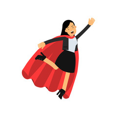 Young business woman with red cape flying up as superhero. Success and leadership concept. Cheerful female character in classic office suit. Flat vector illustration