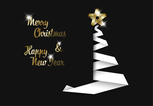 Christmas and New Year's Card with White Ribbon Tree and Gold Text 