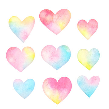 Watercolor collection of colorful hearts isolated on white background.  Useful for romantic design of postcards, greetings, invitations, scrapbooking elements