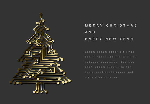 Christmas and New Year's Card with Gold Circuit Tree