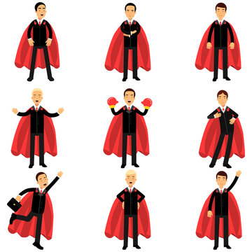 Set of business man character in classic black suits with red superhero capes. Successful office workers in different poses. Career and leadership. Flat vector design