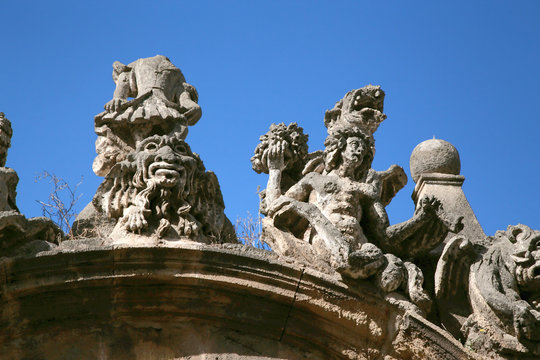 Bagheria, Sicily, Italy. Exotic sculptures of monsters in the park of the villa of Palagonia, XVIII century
