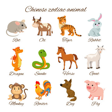 Set Chinese Zodiac animal stickers, cartoon vector illustration
