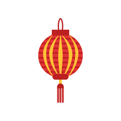 Traditional chinese paper lantern with little tassel. Lamp in round shape. Icon in red and orange colors. Flat vector element for logo, festival flyer or poster