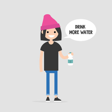 Drink more water. Helpful advice. Healthy lifestyle. Flat editable vector illustration, clip art. Young female character holding a plastic bottle