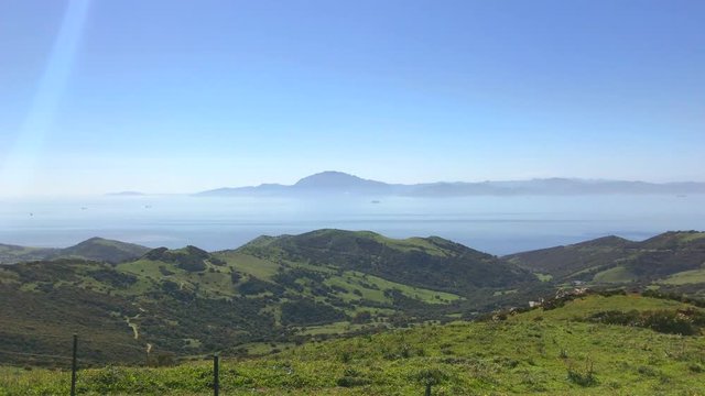 Panorama view to Gibraltar and Morocco, Africa from viewpoint Mirador del Estrecho, Tarifa Andalusia Spain