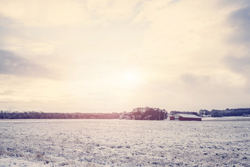Rural winter landscape with a red barn