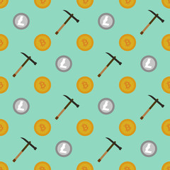 Cryptocurrency mining seamless pattern. Bitcoin and litecoin mining signs in seamless pattern. Flat design illustration.