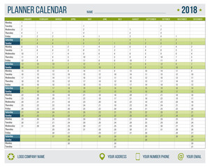 English calendar planner for year 2018. 12 months, corporate design planner template, size A4 printable calendar templates.