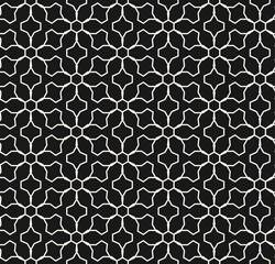 Abstract geometric seamless pattern. Monochrome ornamental texture, thin lines, subtle lattice, mesh, grid, floral motif. Oriental style background. Luxury black and white ornament.