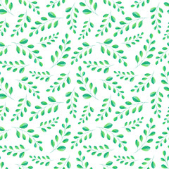 Watercolor botanical leaves pattern. Seamless watercolour texture, small green branches on white background. Hand painted illustration, repeat tiles. Stylish design for decor, prints, textile, covers