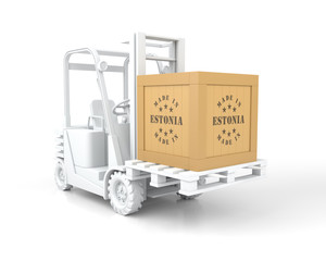 Forklift Truck with Made in Estonia Wooden Box on Pallet.