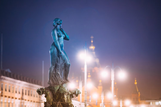 Helsinki, Finland. Night View Of Fountain Havis Amanda Is Nude Female Statue Sculpted By Ville Vallgren. Statue Symbolize Rebirth