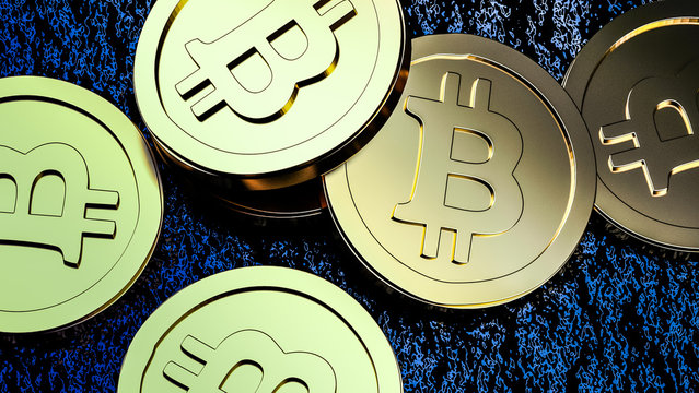 3D render of bitcoin coins with blue background