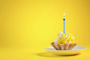 Tasty Birthday cupcake with candle on yellow background with copy space. Delicious muffin on color...