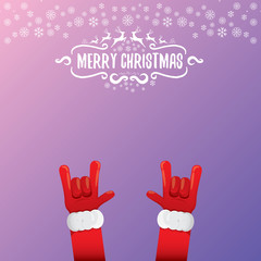 vector cartoon rock n roll Santa Claus with calligraphic greeting text on night violet background with snowflakes. Merry Christmas Rock n roll party poster design