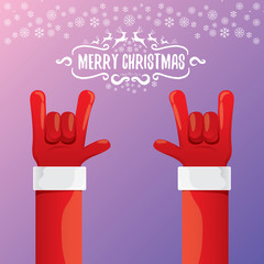 vector cartoon rock n roll Santa Claus with calligraphic greeting text on night violet background with snowflakes. Merry Christmas Rock n roll party poster design