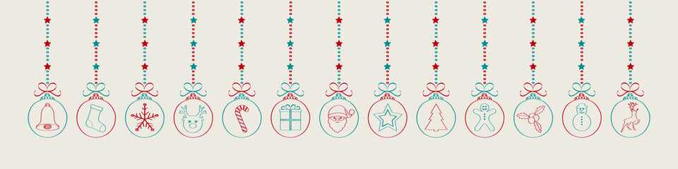 Christmas hanging balls - hand drawn decorations. Vector.