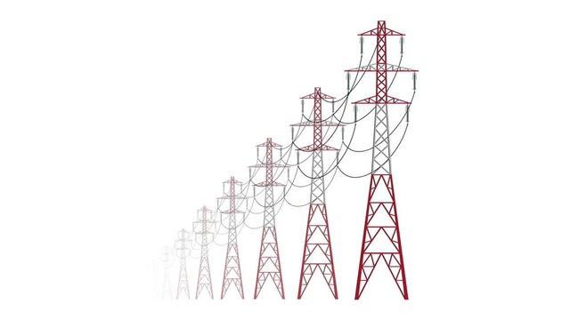 Vector high voltage pylons on white background in a row. Isolated column of metal poles voltage. Surface industrial illustration. Power line pylons, graphic animation with key, mate, mask.