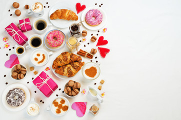 White background with cups of coffee, donuts, gift and hearts