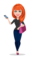 Stylish girl holding handbag and smartphone.