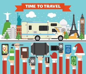 New Year Holidays World Tours design flat with camper, trailer.Vector illustration