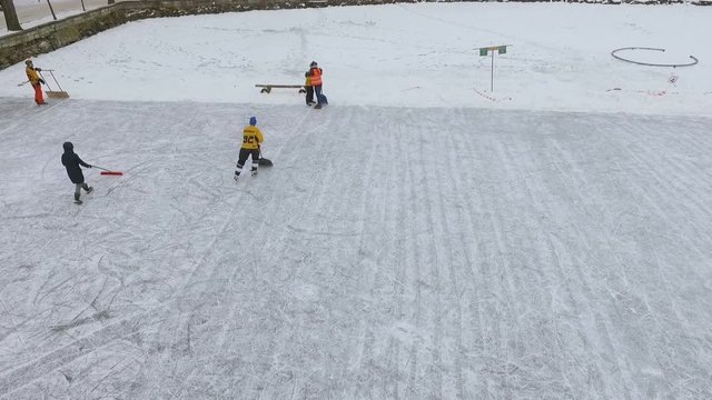 aerial view. Prepare ice before hockey. Winter sports. Ice hockey