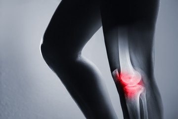 Human knee joint and leg in x-ray, on gray background. The knee joint is highlighted by red colour.