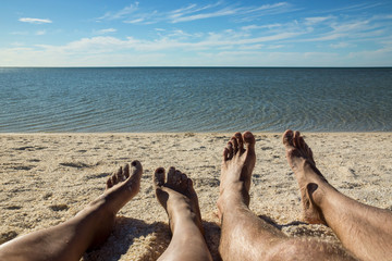 People feet on Shell beach in Western Australia. Ocean view.