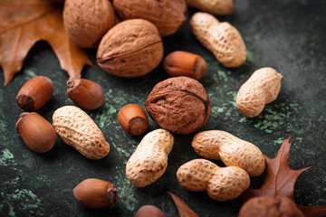Mix of different nuts. Walnuts, peanuts and hazelnuts