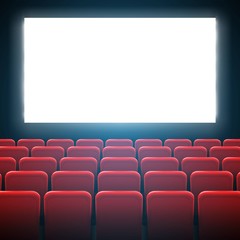 Creative vector illustration of movie cinema screen frame and theater interior. Art design premiere poster background, lights and rows red seats. Abstract concept graphic scene element
