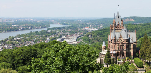 Drachenburg Castle overlooking the river Rhine and the city of Bonn