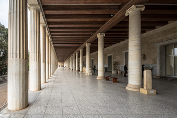 Stoa of Attalos, in the Agora of Athens, Greece. It was built by King Attalos II of Pergamon, typical of hellenistic age under the rock of Acropolis.