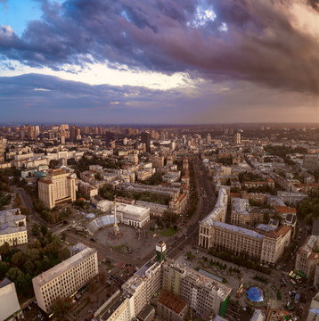 Aerial view of the central street of Kiev - Khreshchatyk, the European Square, Independence Square, Stalin and modern architecture. Ukraine