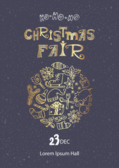Christmas Fair poster template. Hand drawn doodles in gold on dark grey background