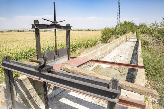 sluicegates on a dry irrigation watercourse canal and a field of corn