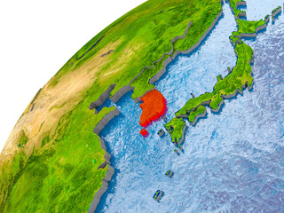 Map of South Korea in red on globe