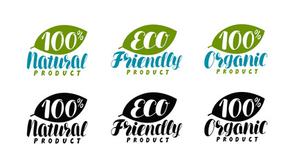 Natural, organic product logo or label. Eco friendly, bio icon. Lettering vector illustration
