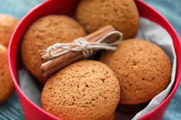 Box with delicious oatmeal cookies, closeup